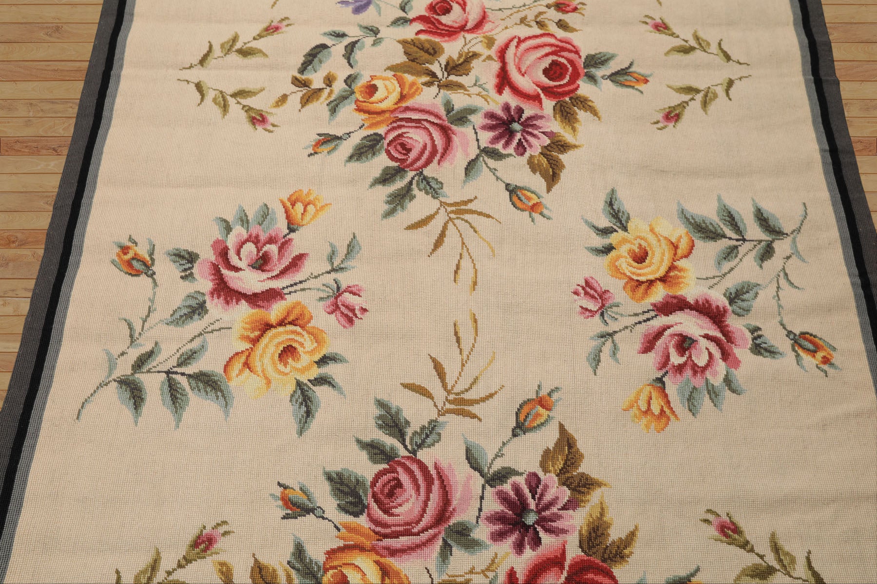 4x6 Ivory, Gray, Black Color Hand Knotted French Needlepoint Aubusson Wool Traditional Oriental Rug