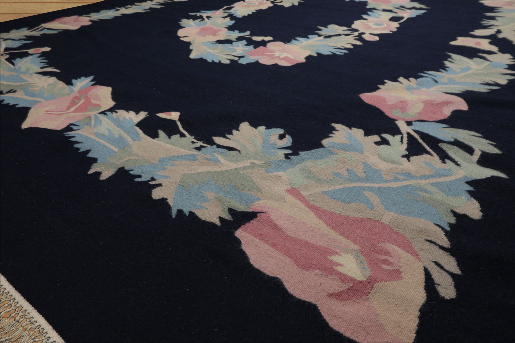 9x12 Navy, Rose, Ivory Color Hand Woven Kilim Wool Traditional Oriental Rug