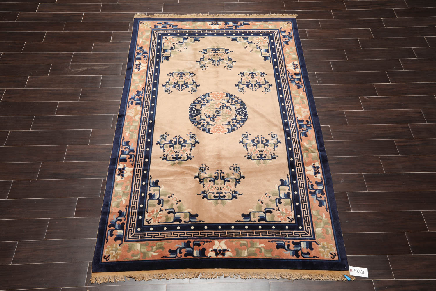 5x7 Beige, Peach, Navy Color Hand Knotted All-Over 100% Wool Traditional Oriental Rug