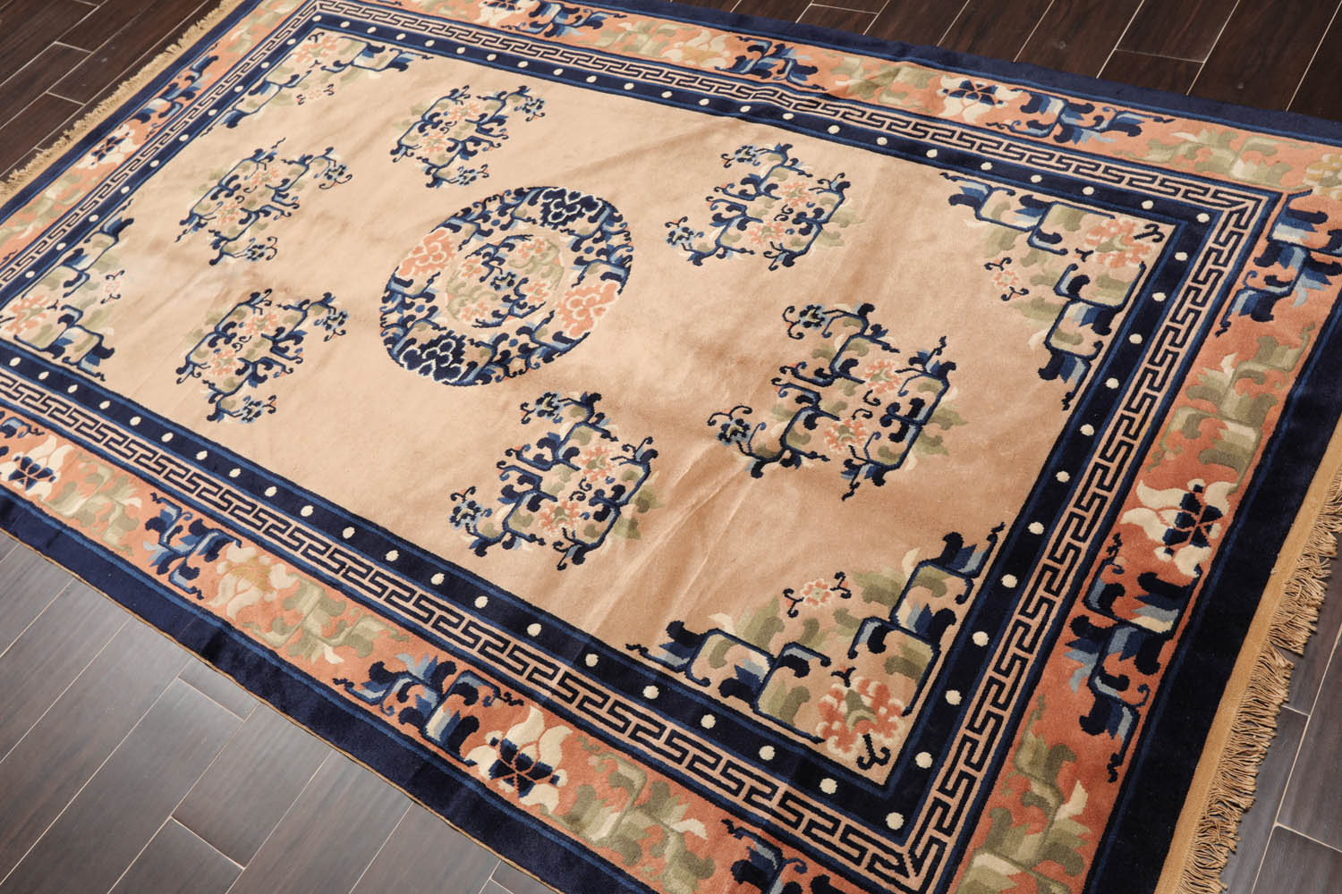 5x7 Beige, Peach, Navy Color Hand Knotted All-Over 100% Wool Traditional Oriental Rug