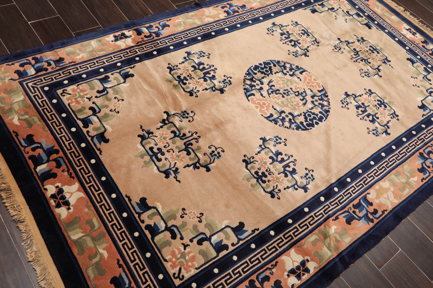 5x7 Beige, Peach, Navy Color Hand Knotted All-Over 100% Wool Traditional Oriental Rug