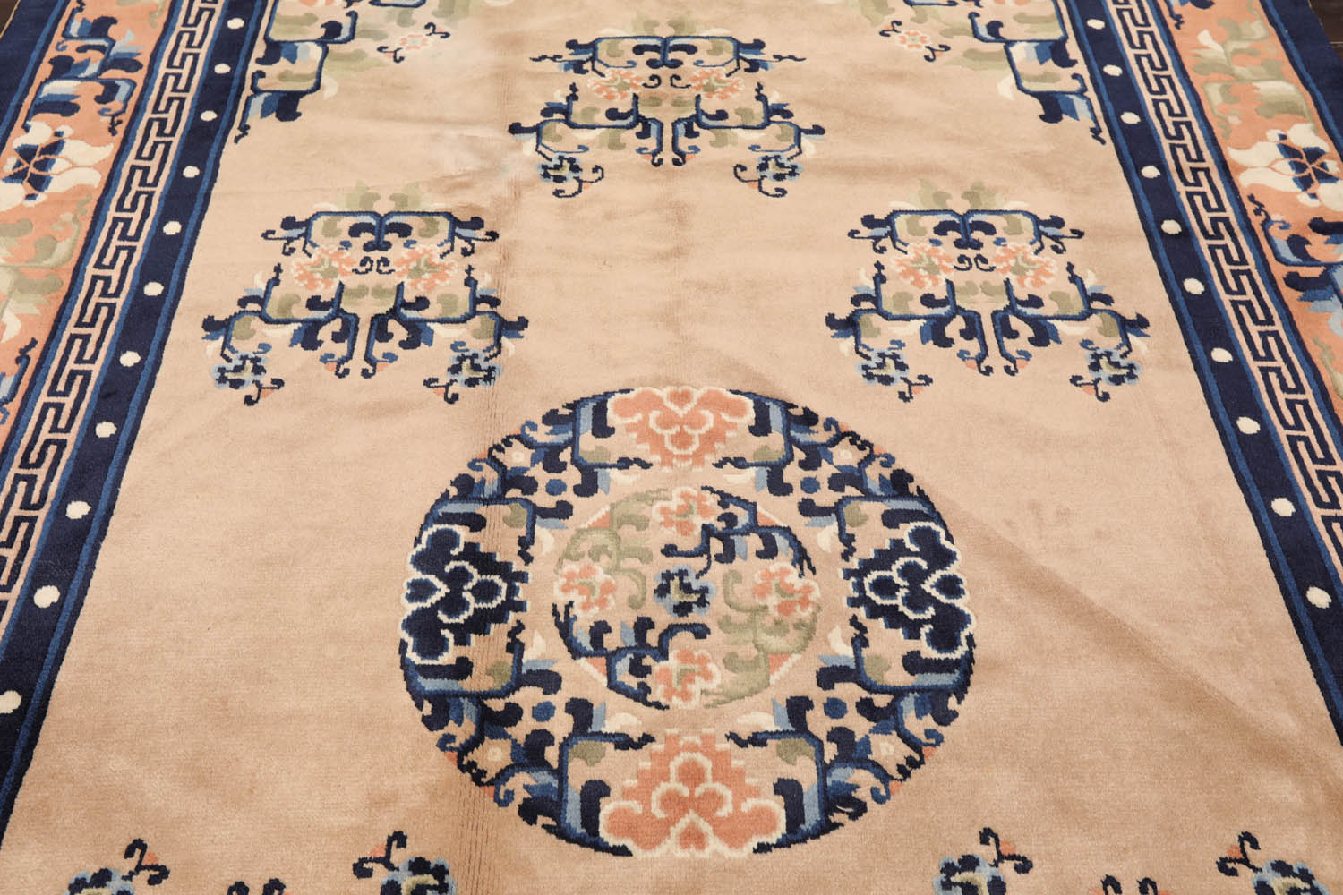 5x7 Beige, Peach, Navy Color Hand Knotted All-Over 100% Wool Traditional Oriental Rug