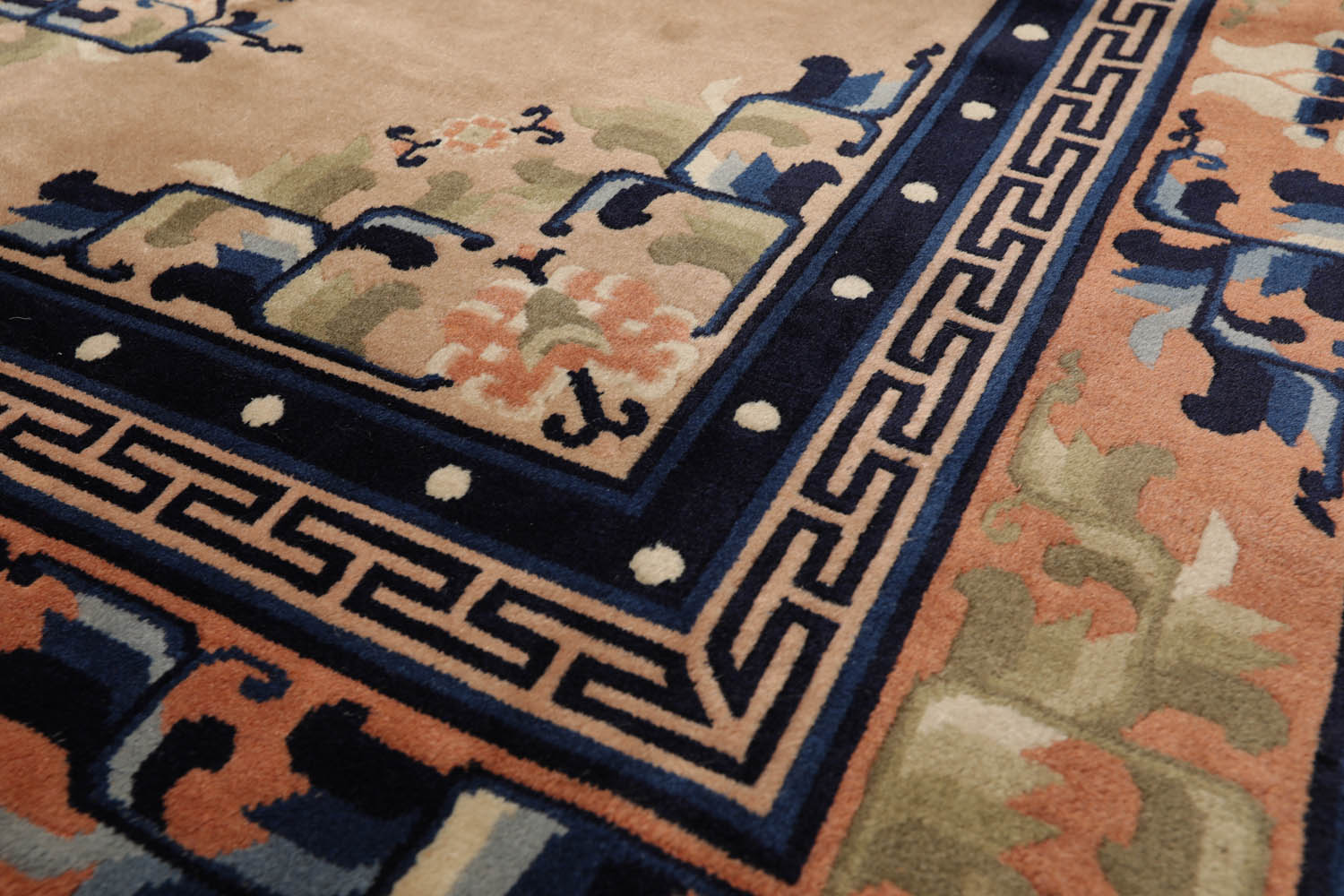 5x7 Beige, Peach, Navy Color Hand Knotted All-Over 100% Wool Traditional Oriental Rug