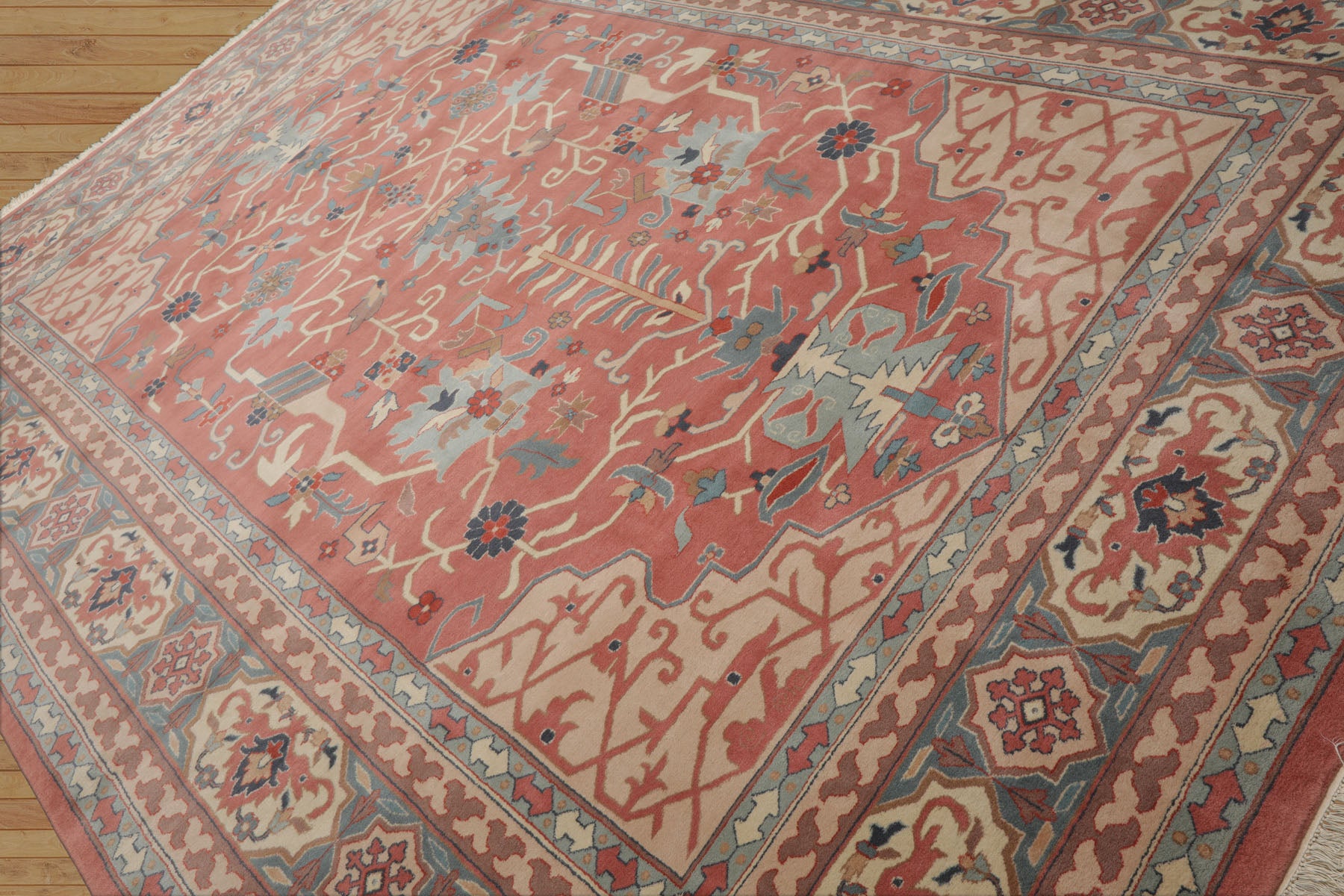 9x12 Rose, Ivory, Aqua Color Hand Knotted Heriz Wool Traditional  Oriental Rug