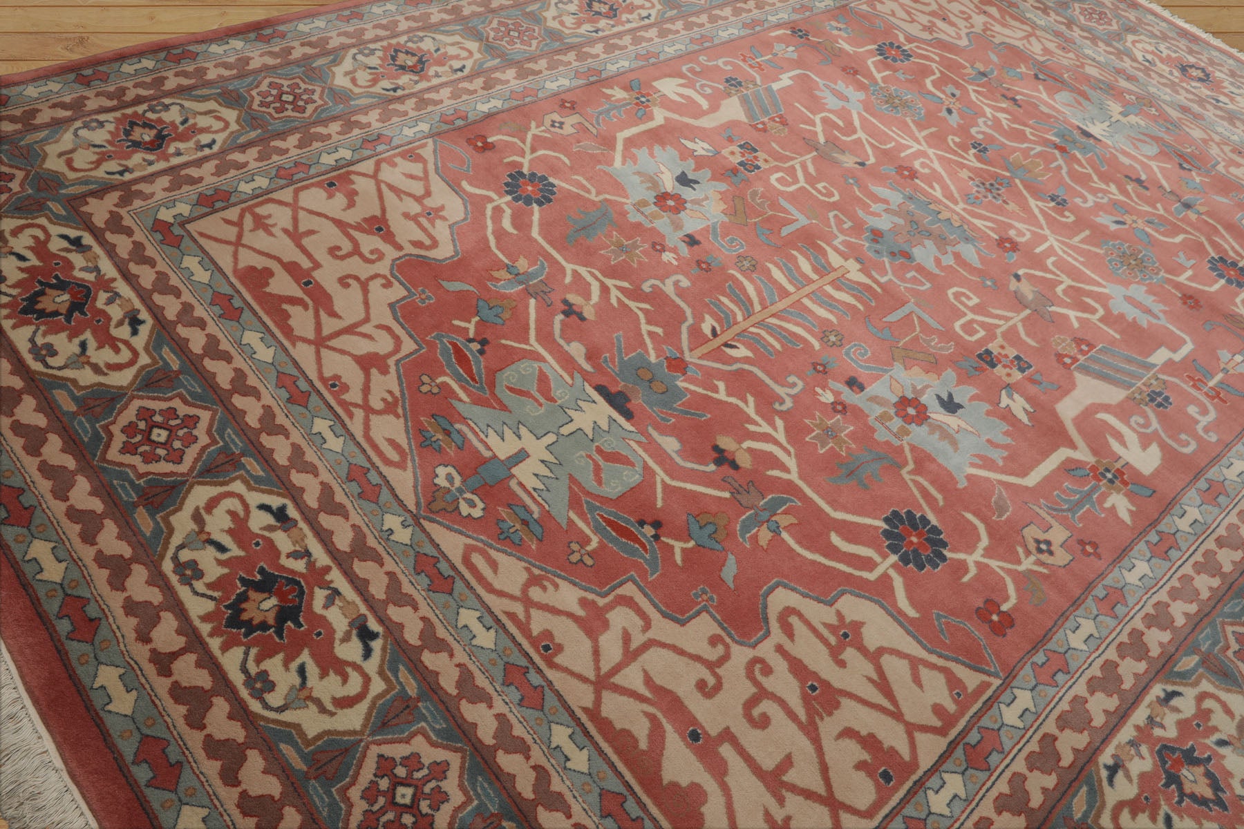 9x12 Rose, Ivory, Aqua Color Hand Knotted Heriz Wool Traditional  Oriental Rug