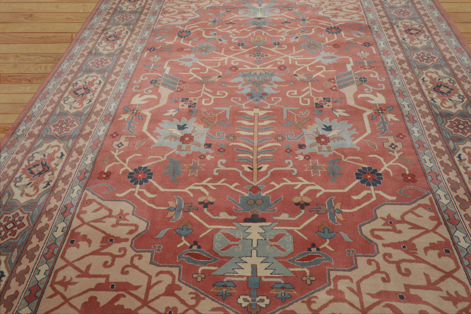 9x12 Rose, Ivory, Aqua Color Hand Knotted Heriz Wool Traditional  Oriental Rug