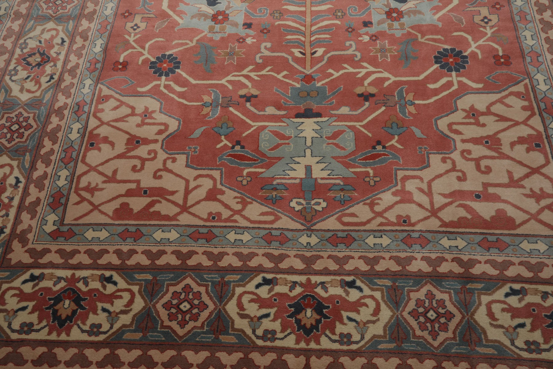 9x12 Rose, Ivory, Aqua Color Hand Knotted Heriz Wool Traditional  Oriental Rug