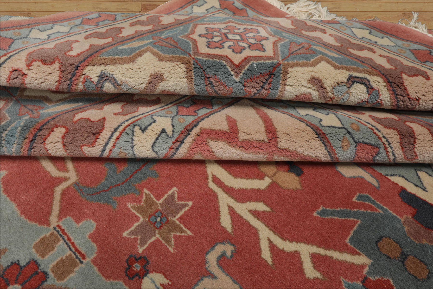 9x12 Rose, Ivory, Aqua Color Hand Knotted Heriz Wool Traditional  Oriental Rug