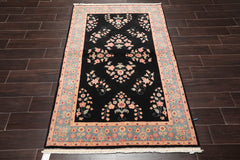 4x6 Black, Turquoise, Rose Color Hand Knotted All-Over 100% Wool Traditional Oriental Rug