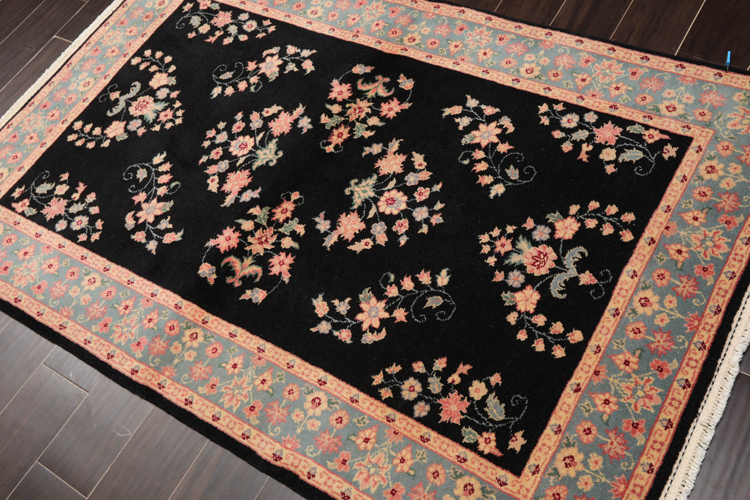 4x6 Black, Turquoise, Rose Color Hand Knotted All-Over 100% Wool Traditional Oriental Rug