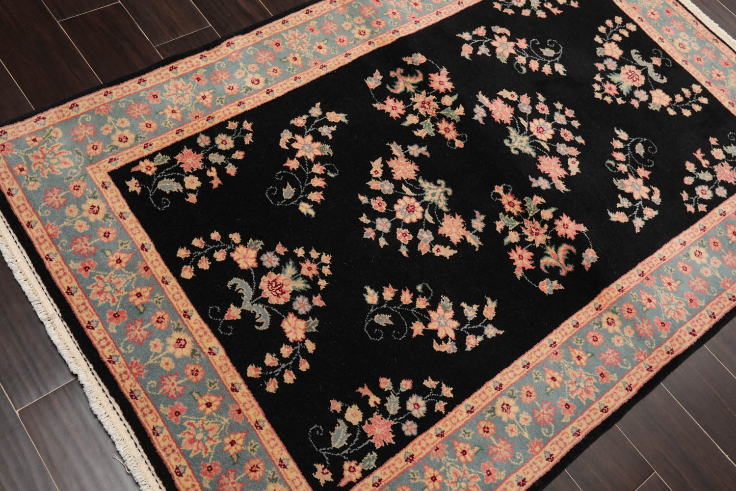 4x6 Black, Turquoise, Rose Color Hand Knotted All-Over 100% Wool Traditional Oriental Rug