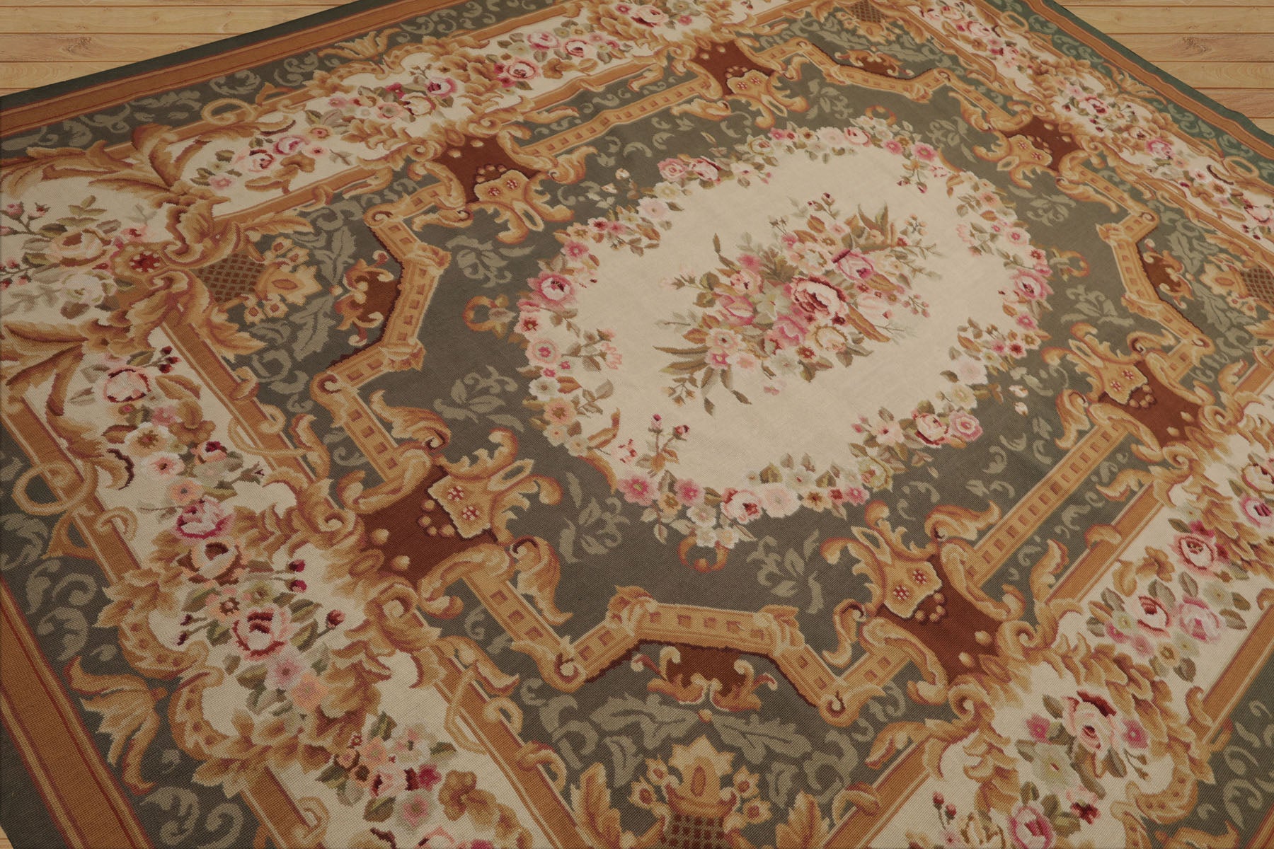 8x10 Ivory, Green, Gold Color Hand Woven Aubusson Needlepoint  Wool Traditional Oriental Rug