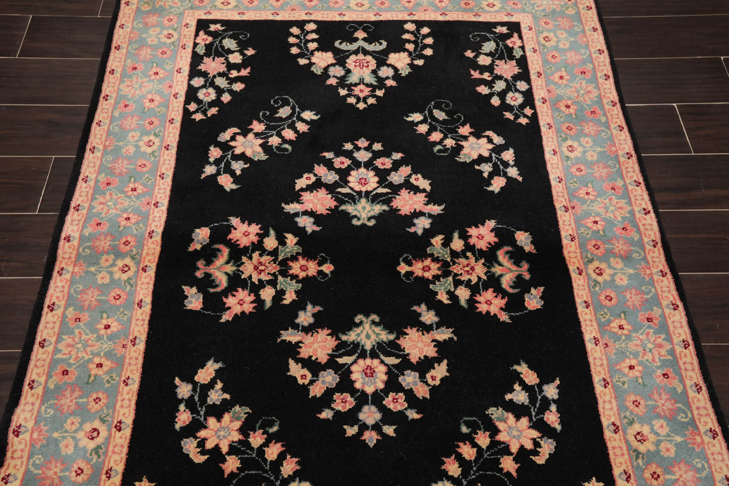 4x6 Black, Turquoise, Rose Color Hand Knotted All-Over 100% Wool Traditional Oriental Rug