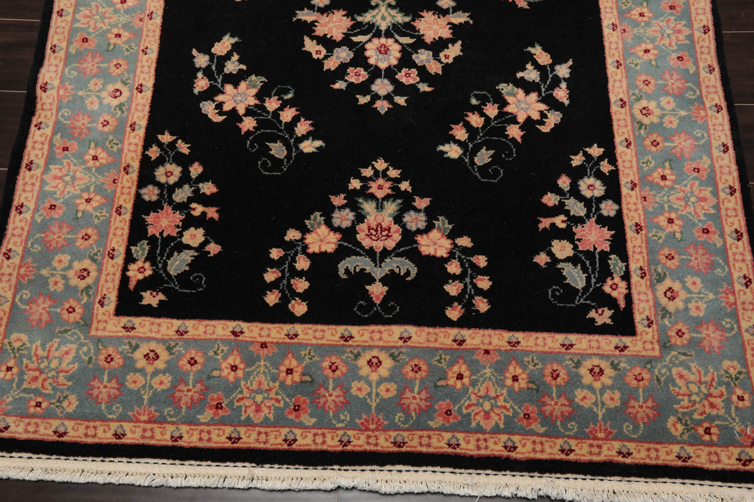4x6 Black, Turquoise, Rose Color Hand Knotted All-Over 100% Wool Traditional Oriental Rug