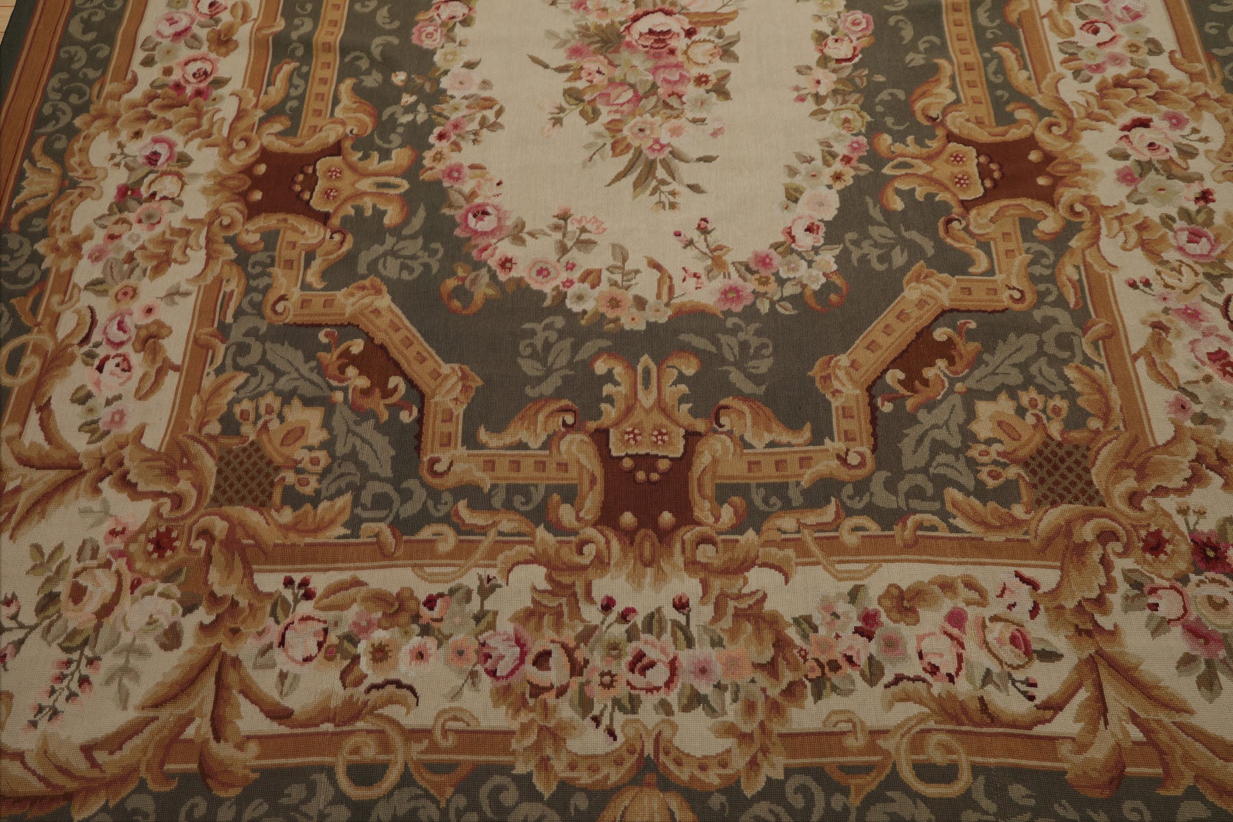 8x10 Ivory, Green, Gold Color Hand Woven Aubusson Needlepoint  Wool Traditional Oriental Rug