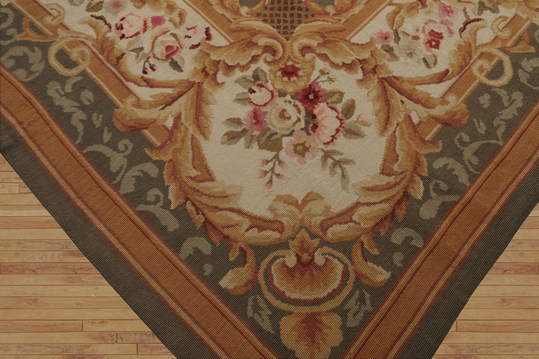 8x10 Ivory, Green, Gold Color Hand Woven Aubusson Needlepoint  Wool Traditional Oriental Rug