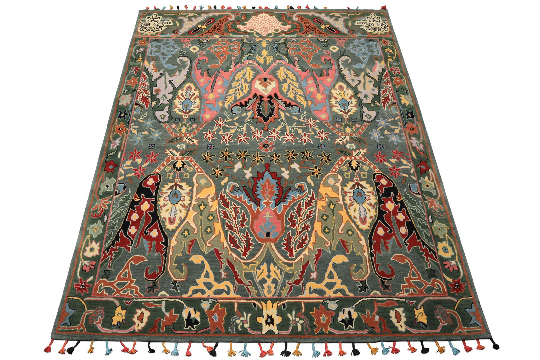 Multi Size Muted Teal Green Ivory Color Hand Tufted Handmade Boho Wool Arts & Crafts Oriental Rug