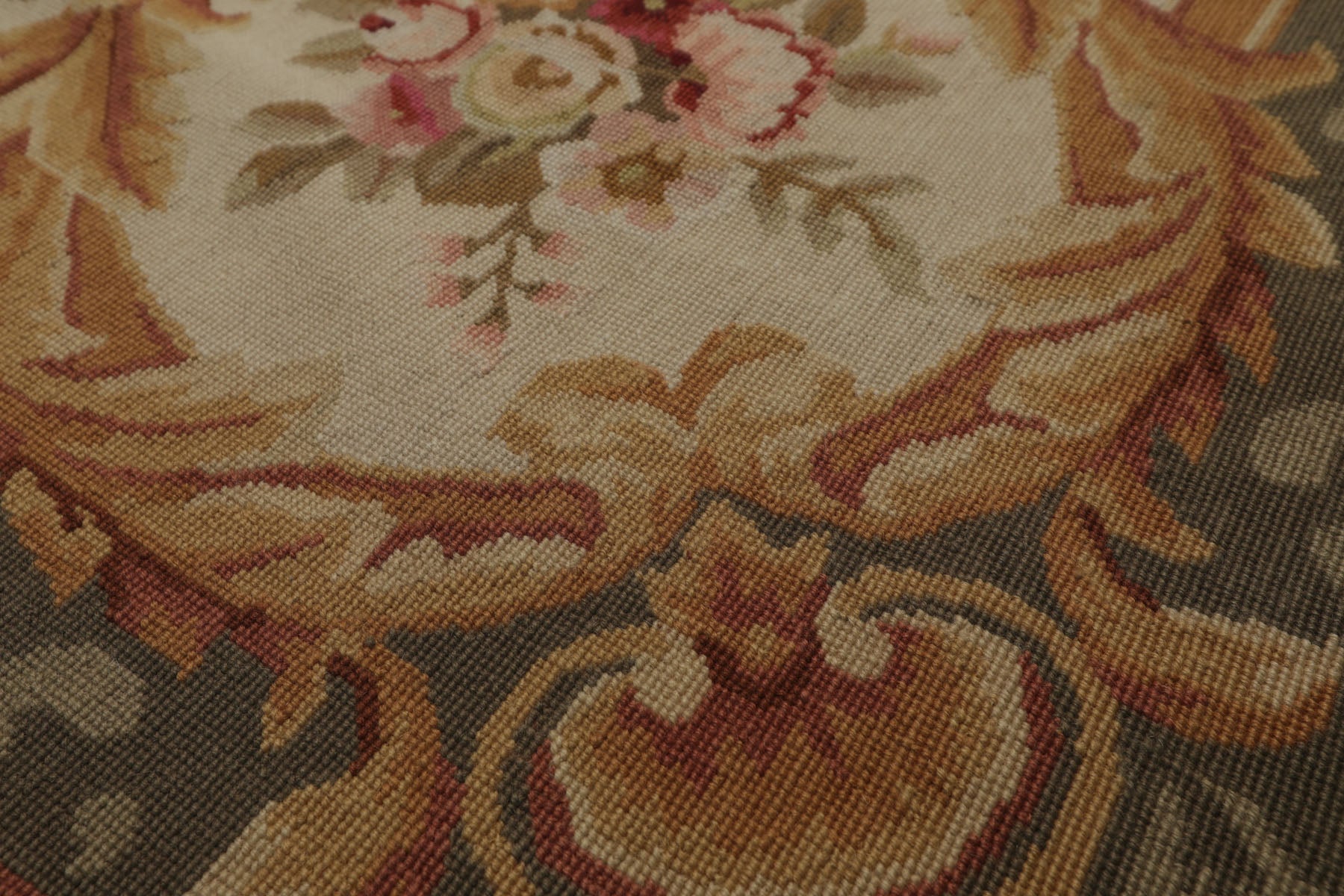 8x10 Ivory, Green, Gold Color Hand Woven Aubusson Needlepoint  Wool Traditional Oriental Rug