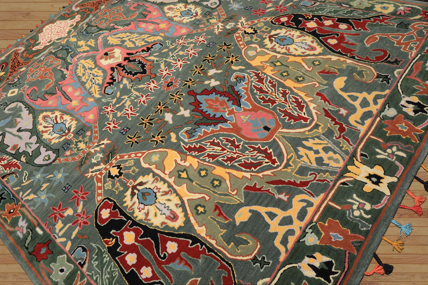 Multi Size Muted Teal Green Ivory Color Hand Tufted Handmade Boho Wool Arts & Crafts Oriental Rug