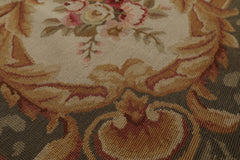 8x10 Ivory, Green, Gold Color Hand Woven Aubusson Needlepoint  Wool Traditional Oriental Rug
