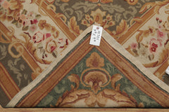 8x10 Ivory, Green, Gold Color Hand Woven Aubusson Needlepoint  Wool Traditional Oriental Rug
