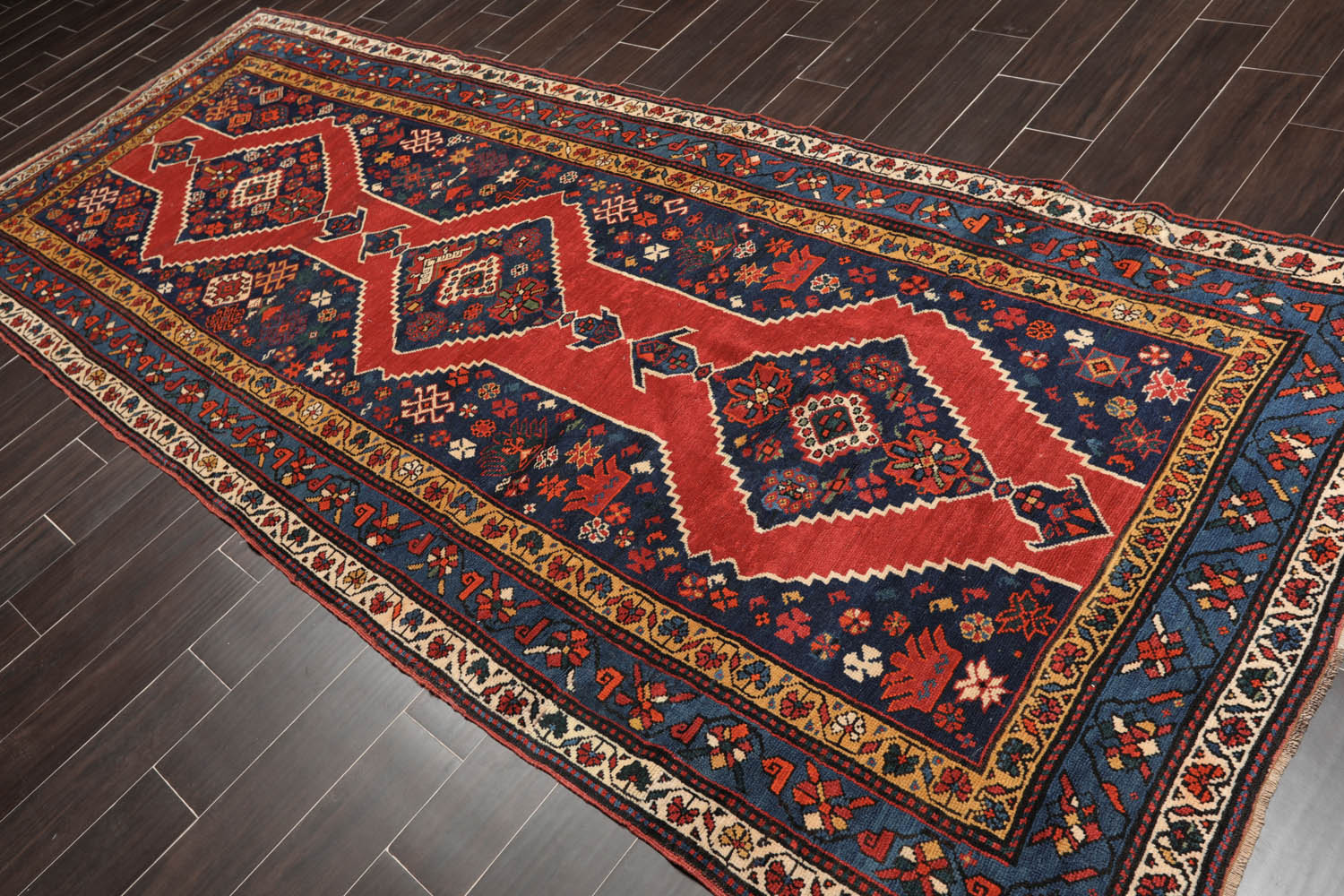 Runner Red, Navy, Ivory Color Hand Knotted All-Over 100% Wool Traditional Oriental Rug