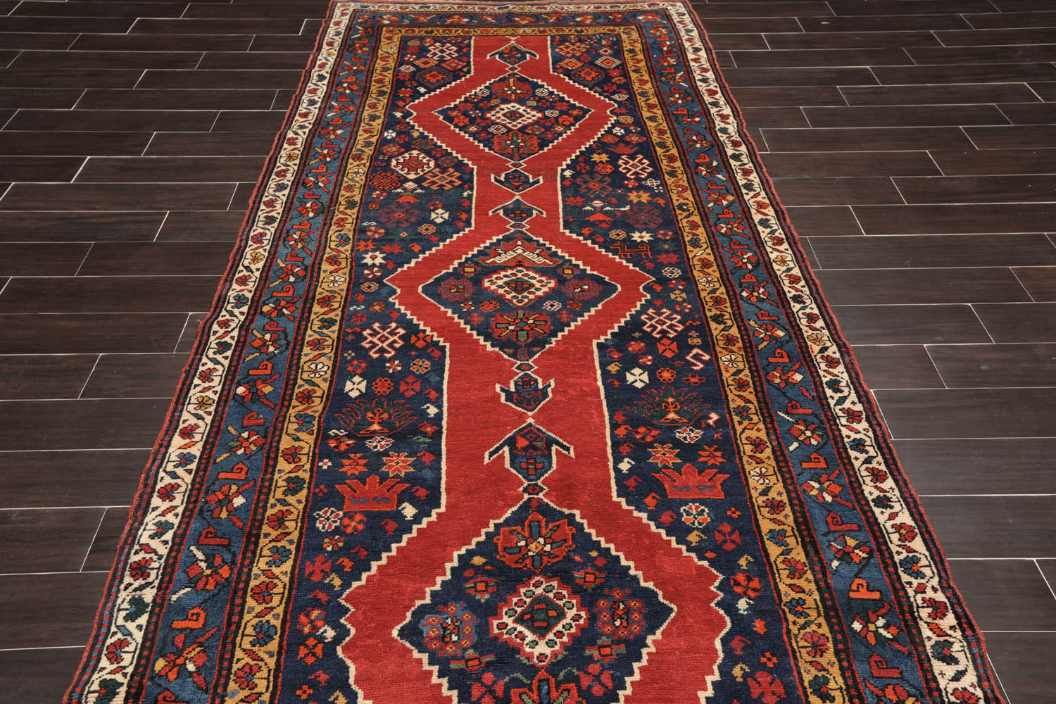 Runner Red, Navy, Ivory Color Hand Knotted All-Over 100% Wool Traditional Oriental Rug