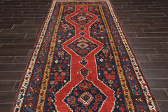 Runner Red, Navy, Ivory Color Hand Knotted All-Over 100% Wool Traditional Oriental Rug
