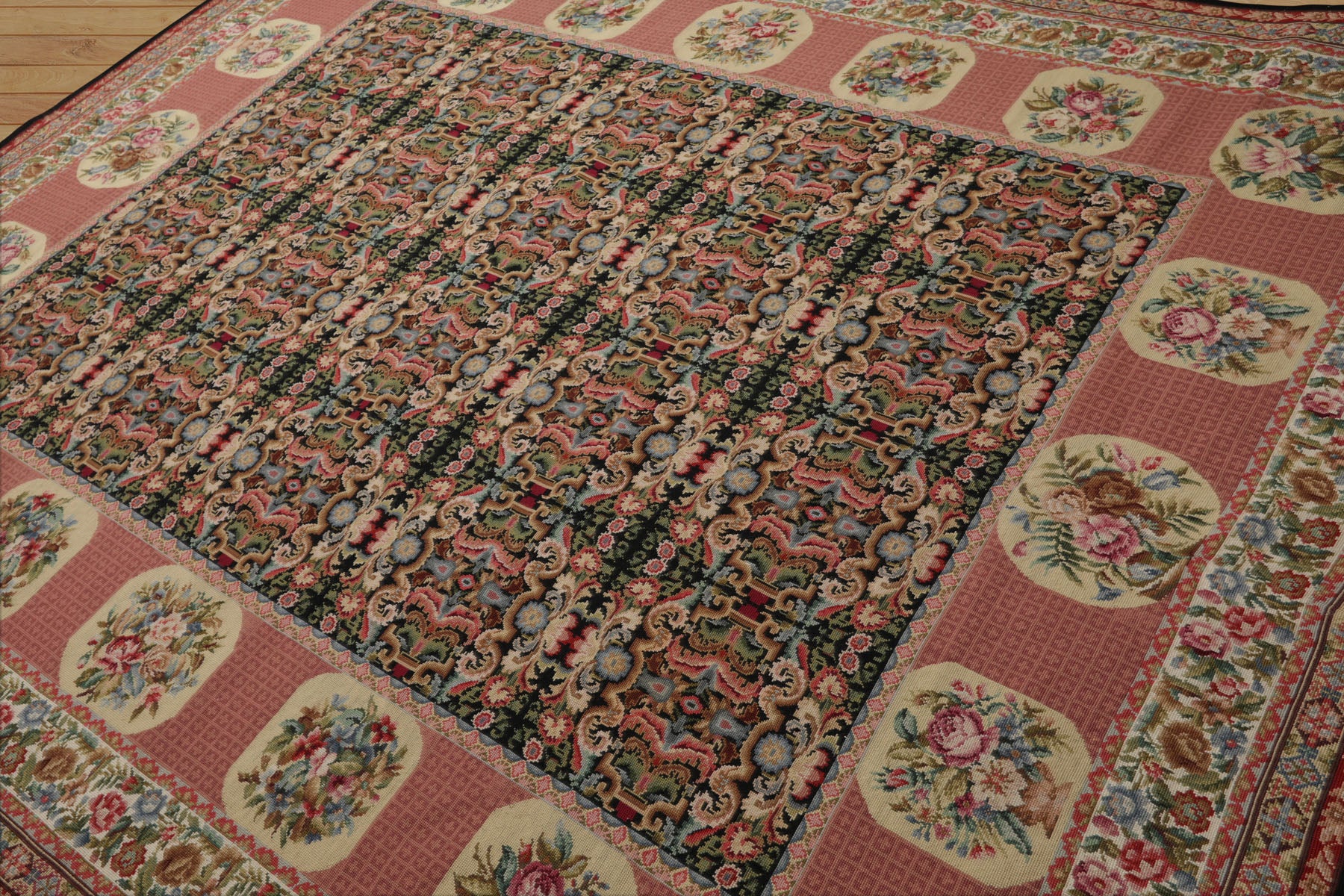 8x10 Black, Rose, Ivory Color Hand Woven Aubusson Needlepoint  Wool Traditional Oriental Rug