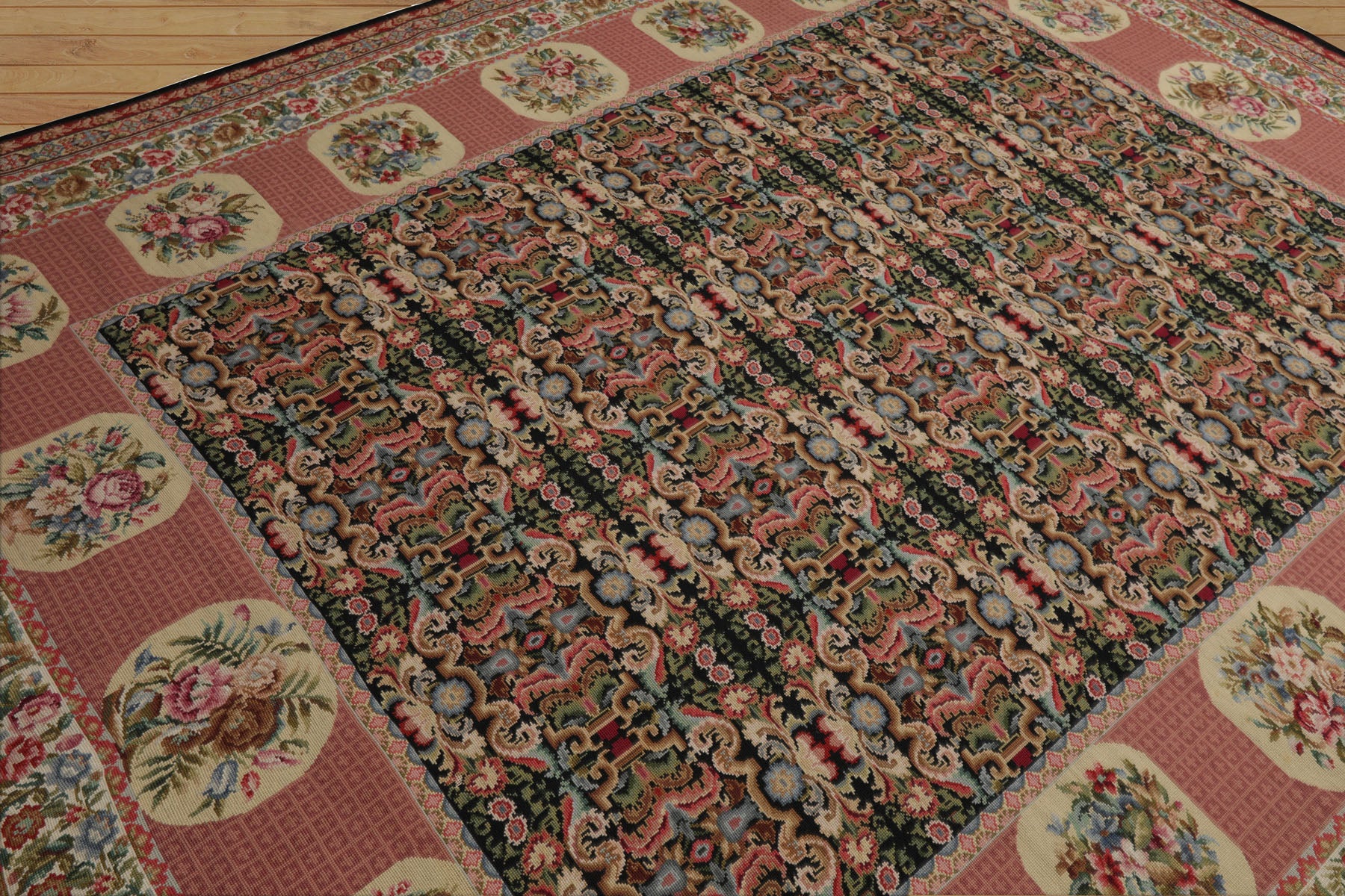 8x10 Black, Rose, Ivory Color Hand Woven Aubusson Needlepoint  Wool Traditional Oriental Rug