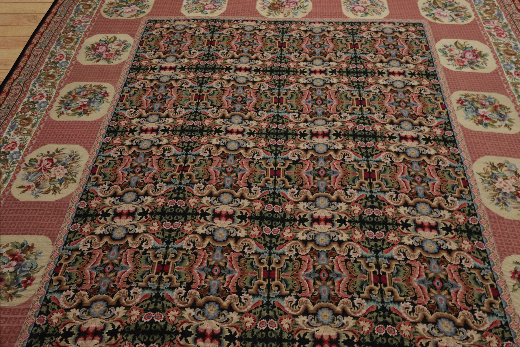 8x10 Black, Rose, Ivory Color Hand Woven Aubusson Needlepoint  Wool Traditional Oriental Rug