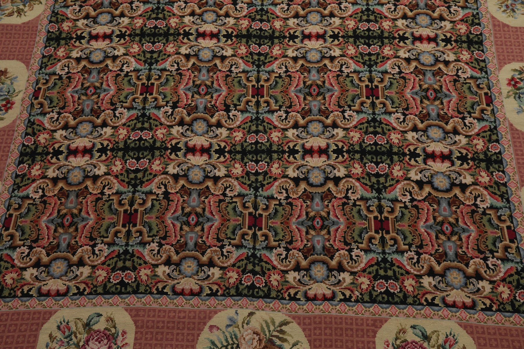 8x10 Black, Rose, Ivory Color Hand Woven Aubusson Needlepoint  Wool Traditional Oriental Rug