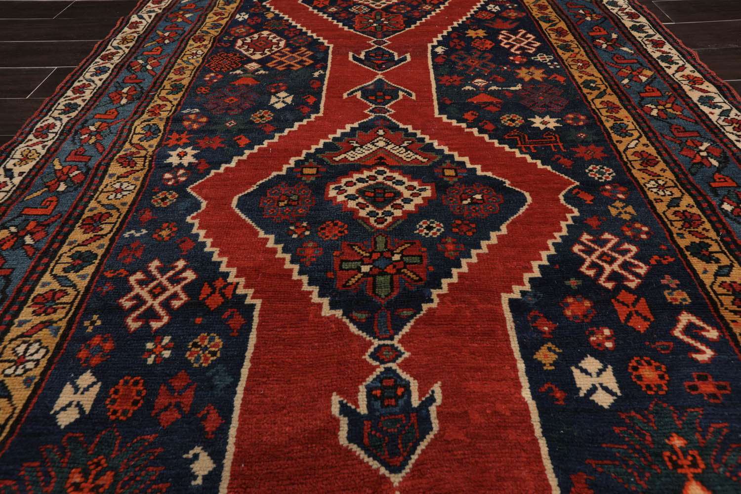 Runner Red, Navy, Ivory Color Hand Knotted All-Over 100% Wool Traditional Oriental Rug