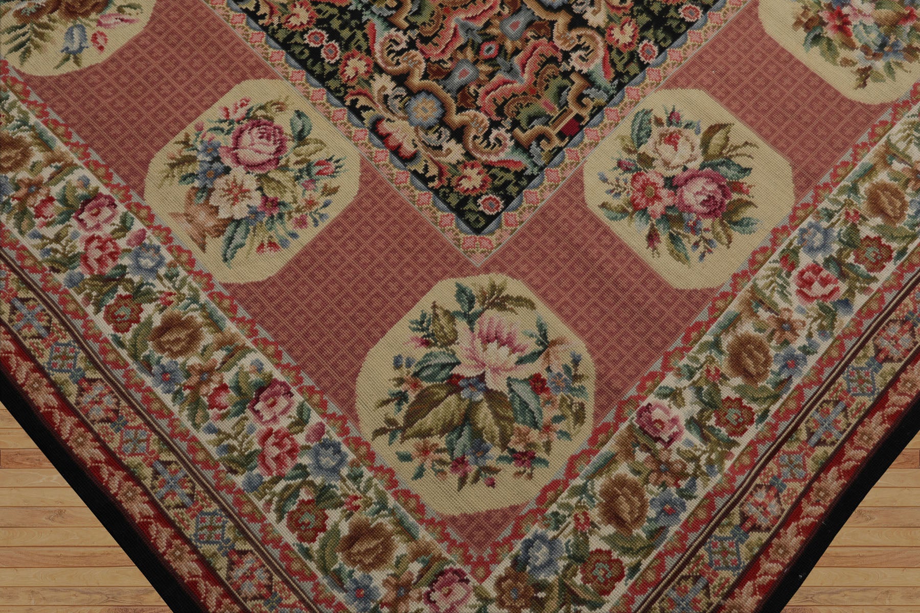 8x10 Black, Rose, Ivory Color Hand Woven Aubusson Needlepoint  Wool Traditional Oriental Rug