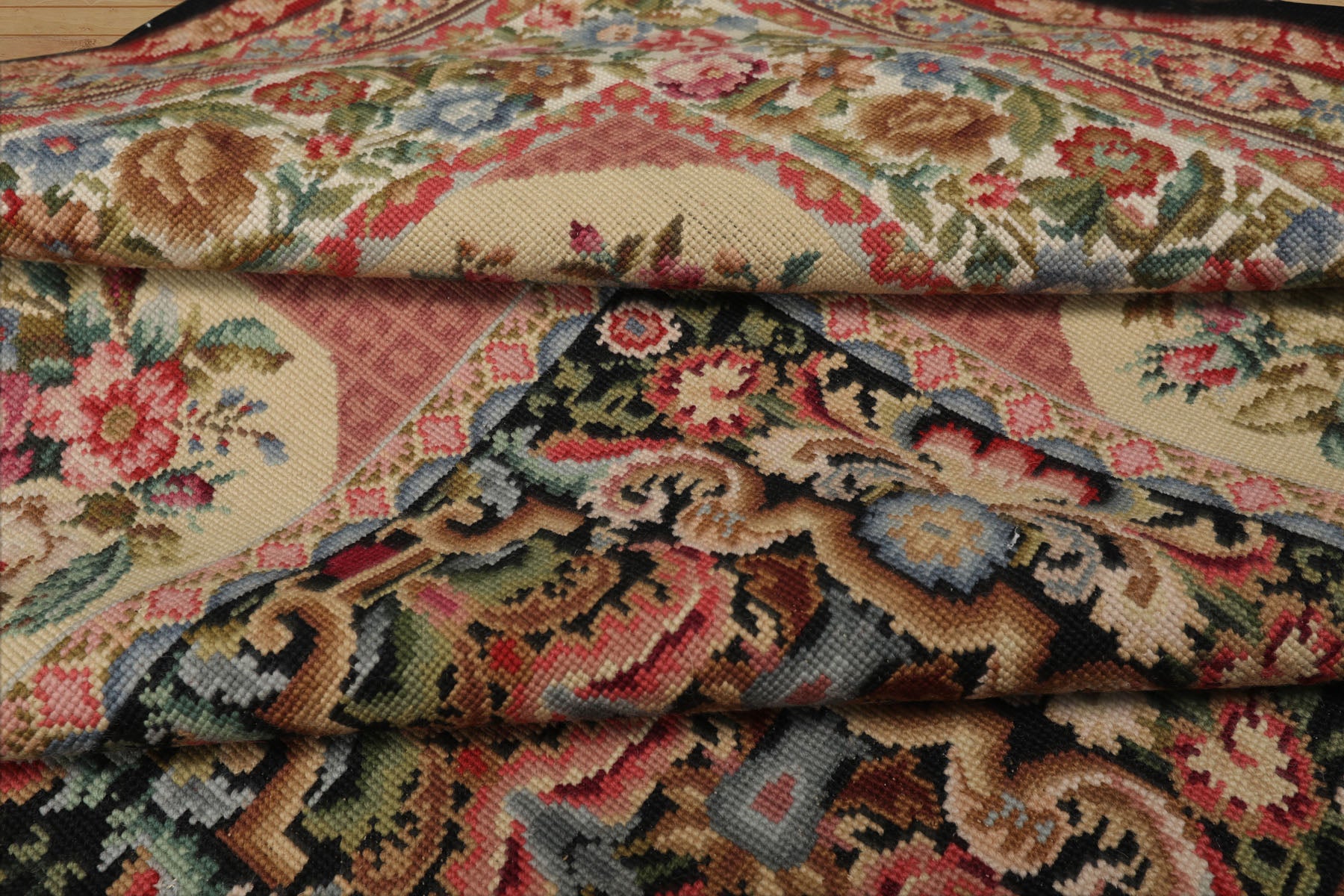 8x10 Black, Rose, Ivory Color Hand Woven Aubusson Needlepoint  Wool Traditional Oriental Rug