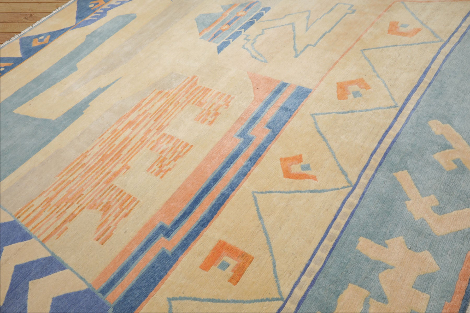 9x12 Ivory, aqua, Rose Color Hand Knotted Tibetan New Zealand Wool Art Deco Oriental Rug