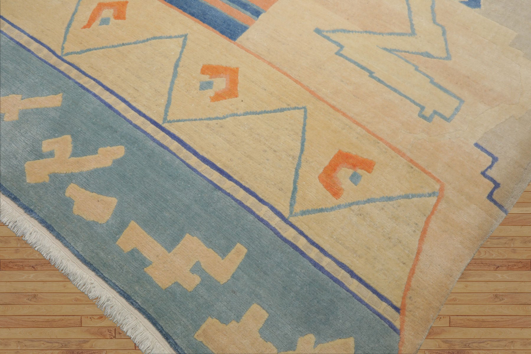 9x12 Ivory, aqua, Rose Color Hand Knotted Tibetan New Zealand Wool Art Deco Oriental Rug
