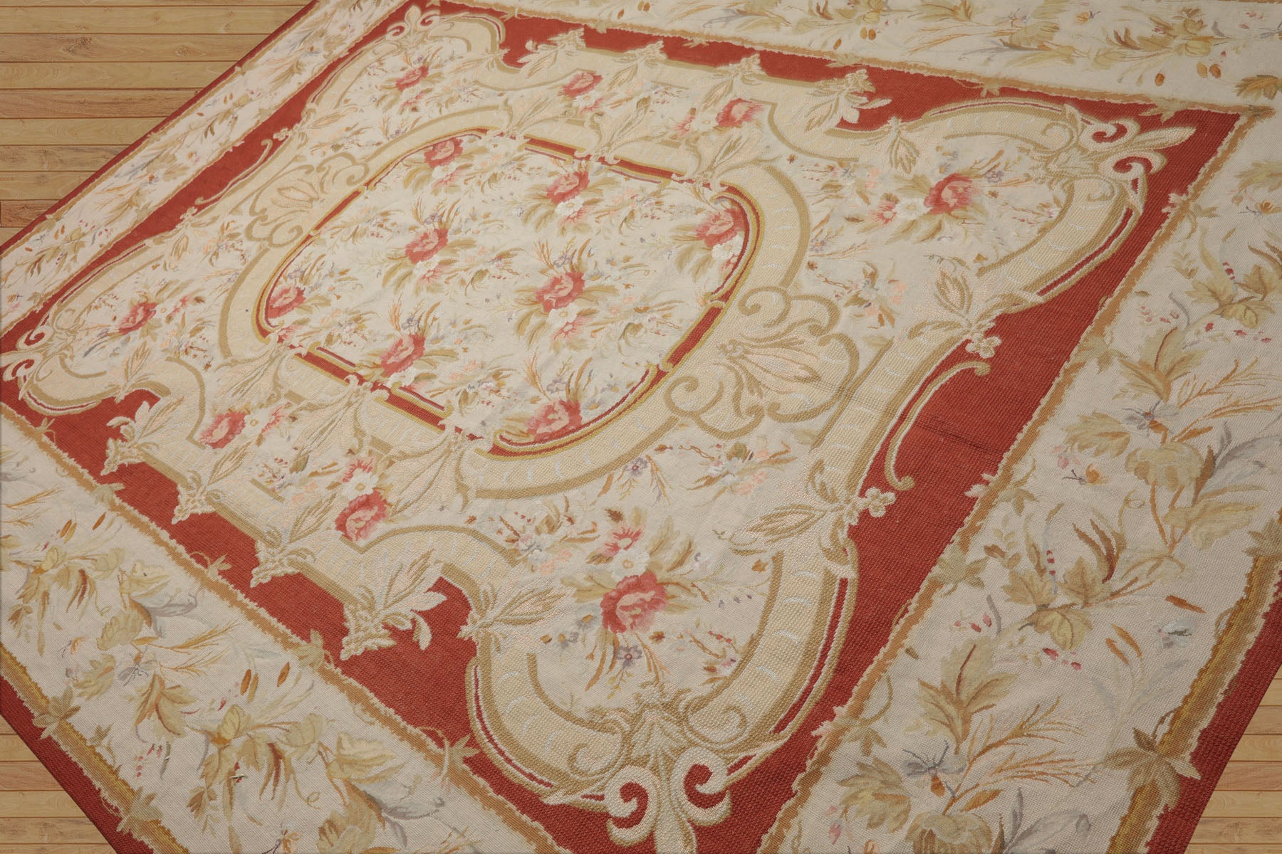 8x10 Ivory, Gold, Orange Color Hand Woven Aubusson Needlepoint  Wool & Silk Traditional Oriental Rug