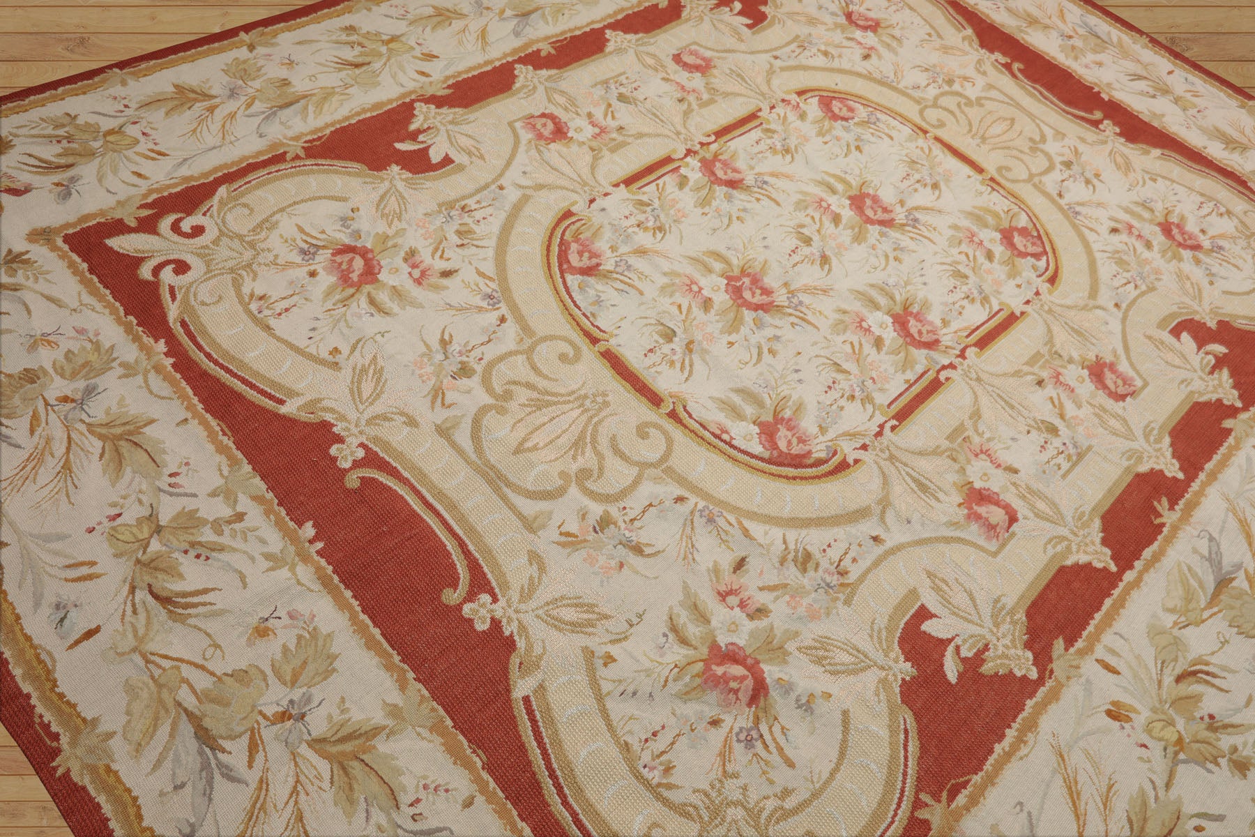 8x10 Ivory, Gold, Orange Color Hand Woven Aubusson Needlepoint  Wool & Silk Traditional Oriental Rug