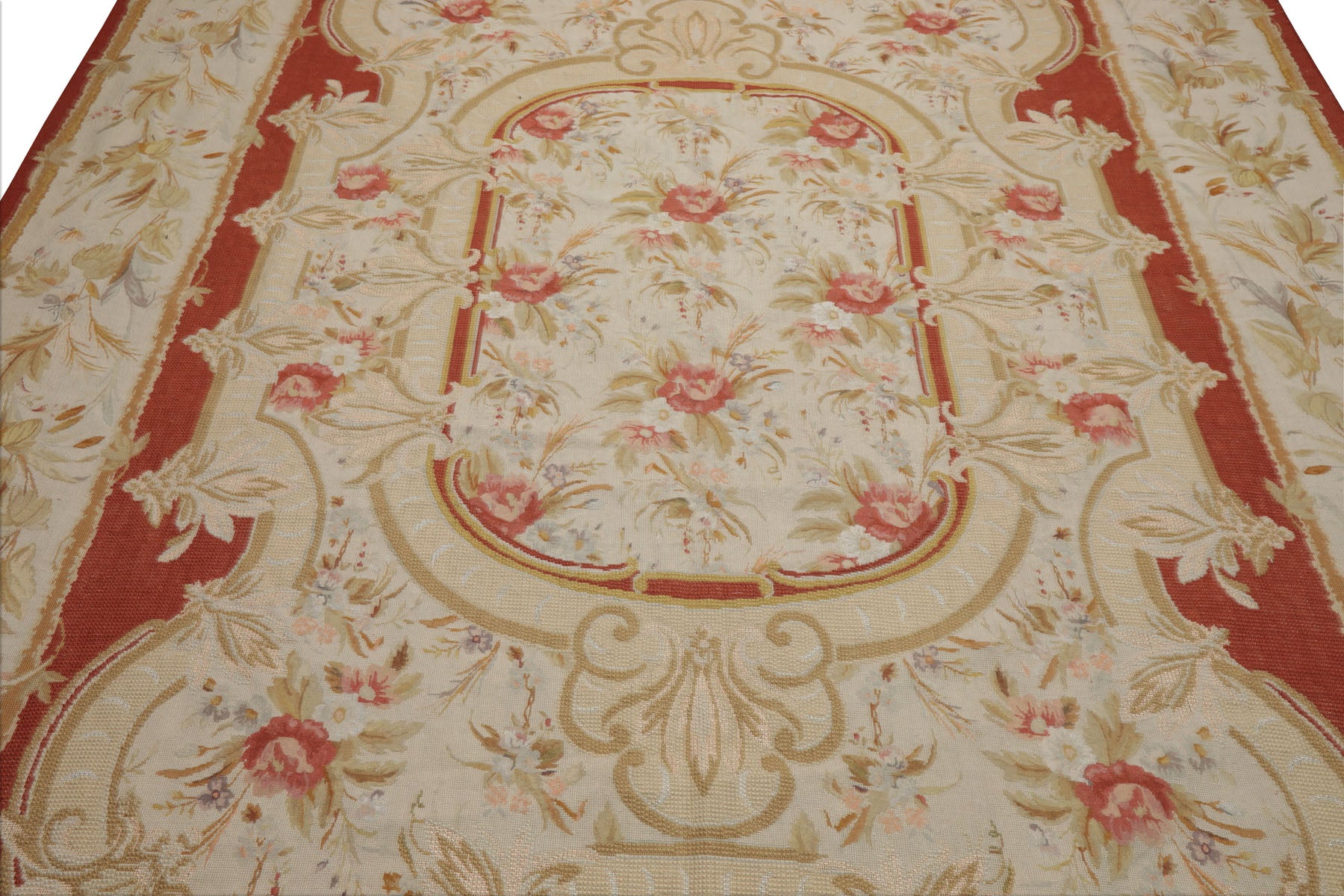 8x10 Ivory, Gold, Orange Color Hand Woven Aubusson Needlepoint  Wool & Silk Traditional Oriental Rug