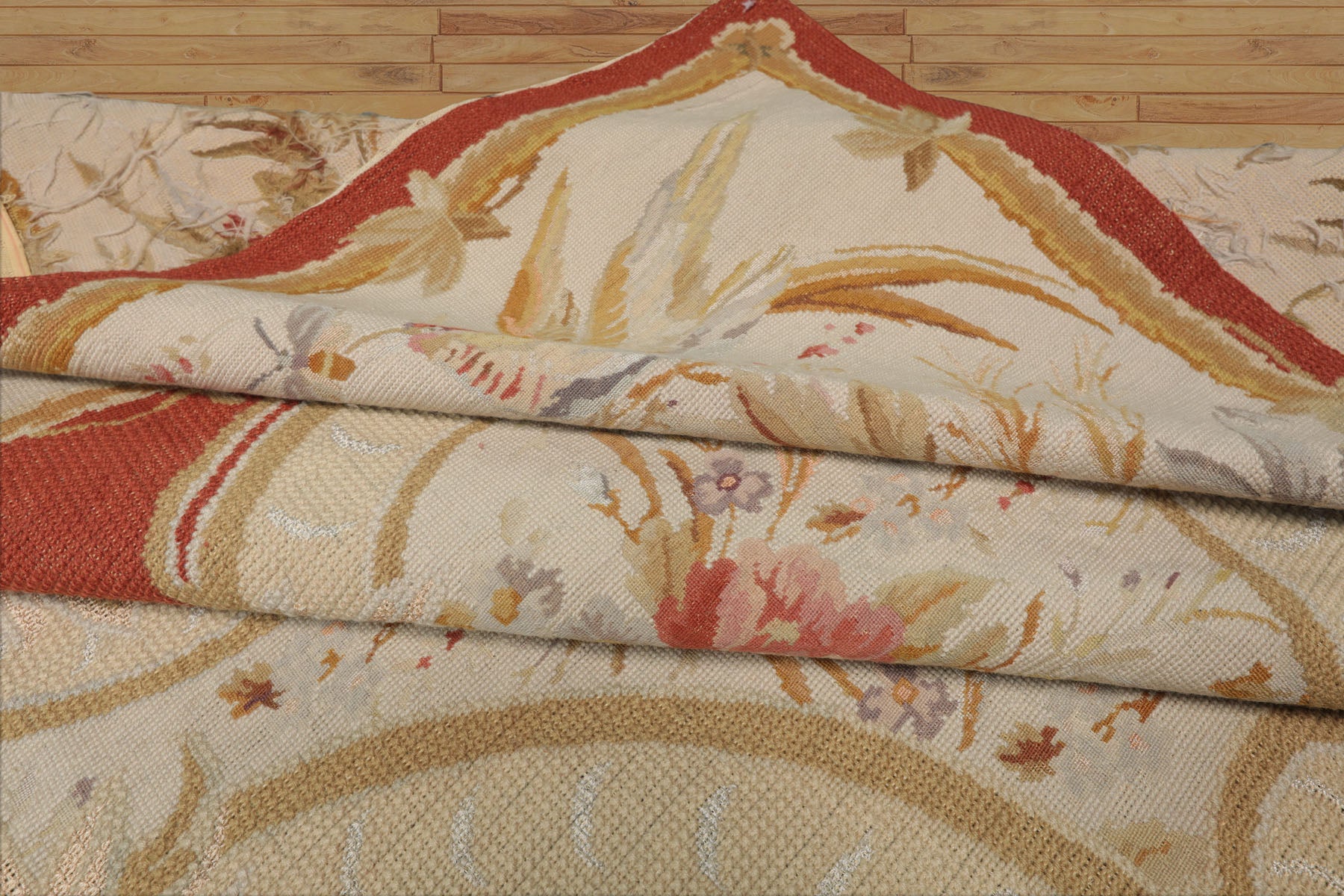 8x10 Ivory, Gold, Orange Color Hand Woven Aubusson Needlepoint  Wool & Silk Traditional Oriental Rug