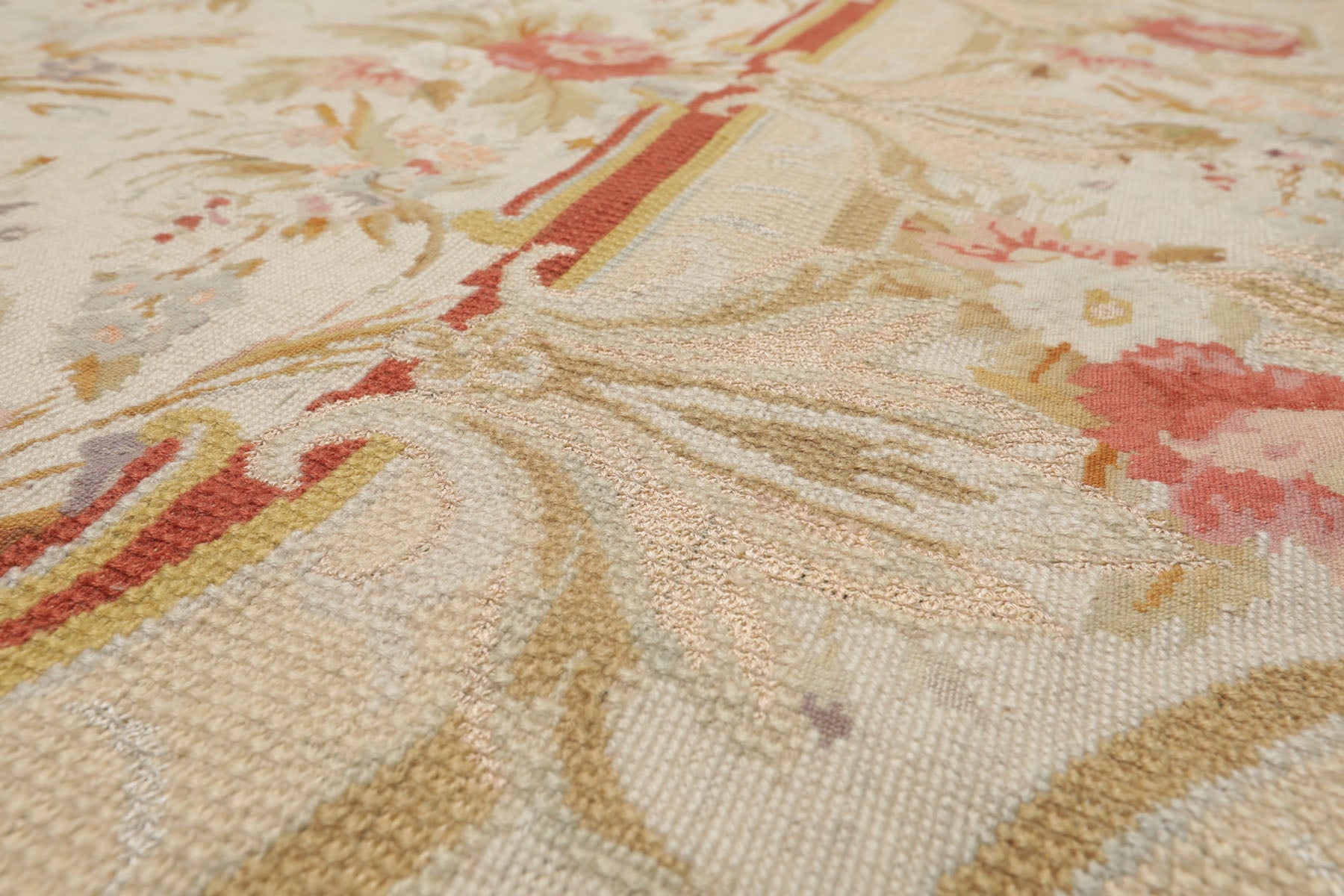 8x10 Ivory, Gold, Orange Color Hand Woven Aubusson Needlepoint  Wool & Silk Traditional Oriental Rug