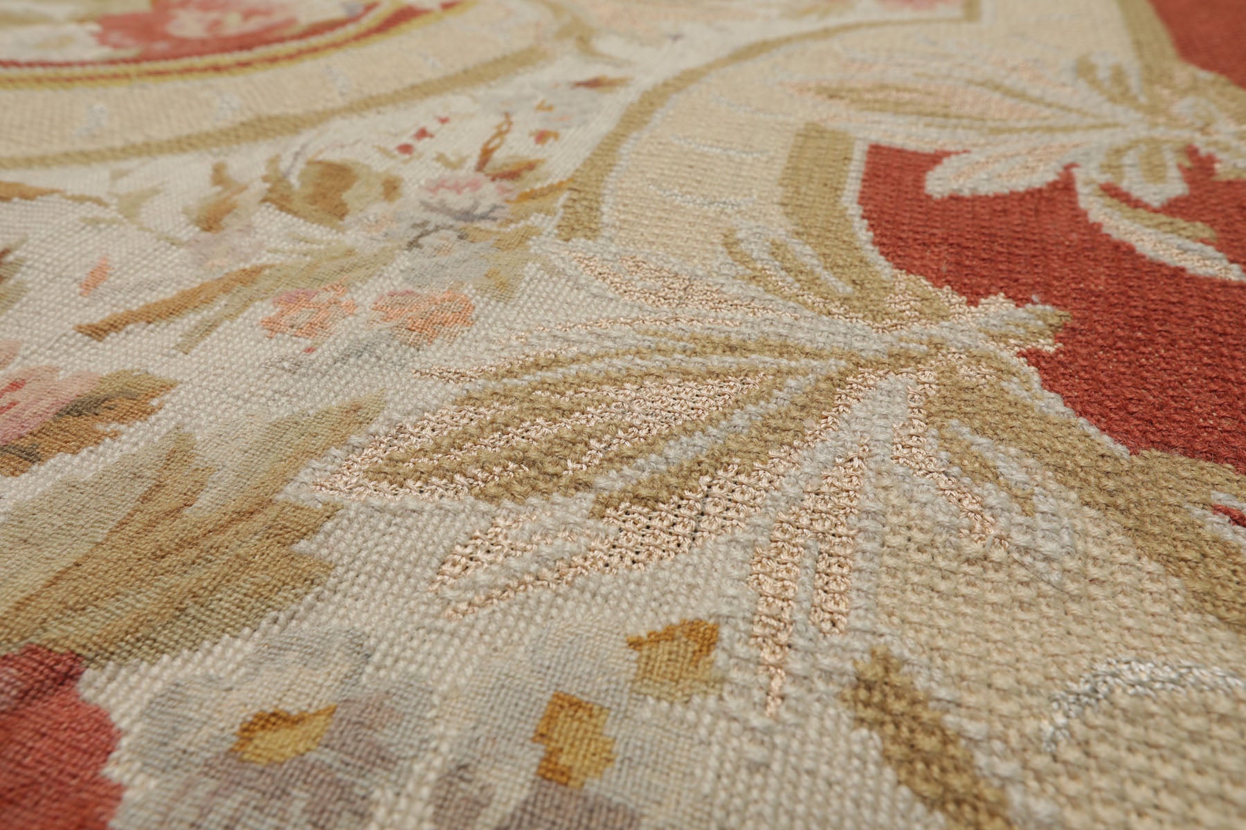8x10 Ivory, Gold, Orange Color Hand Woven Aubusson Needlepoint  Wool & Silk Traditional Oriental Rug
