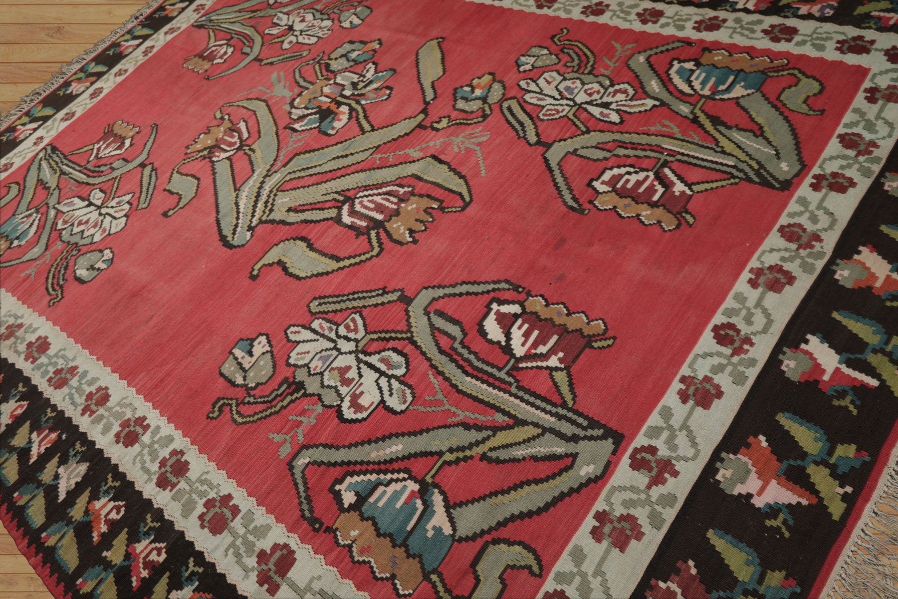 8x10 Crimson, Brown, Aqua Color Hand Woven Basberiyan Kilim Wool Transitional Oriental Rug