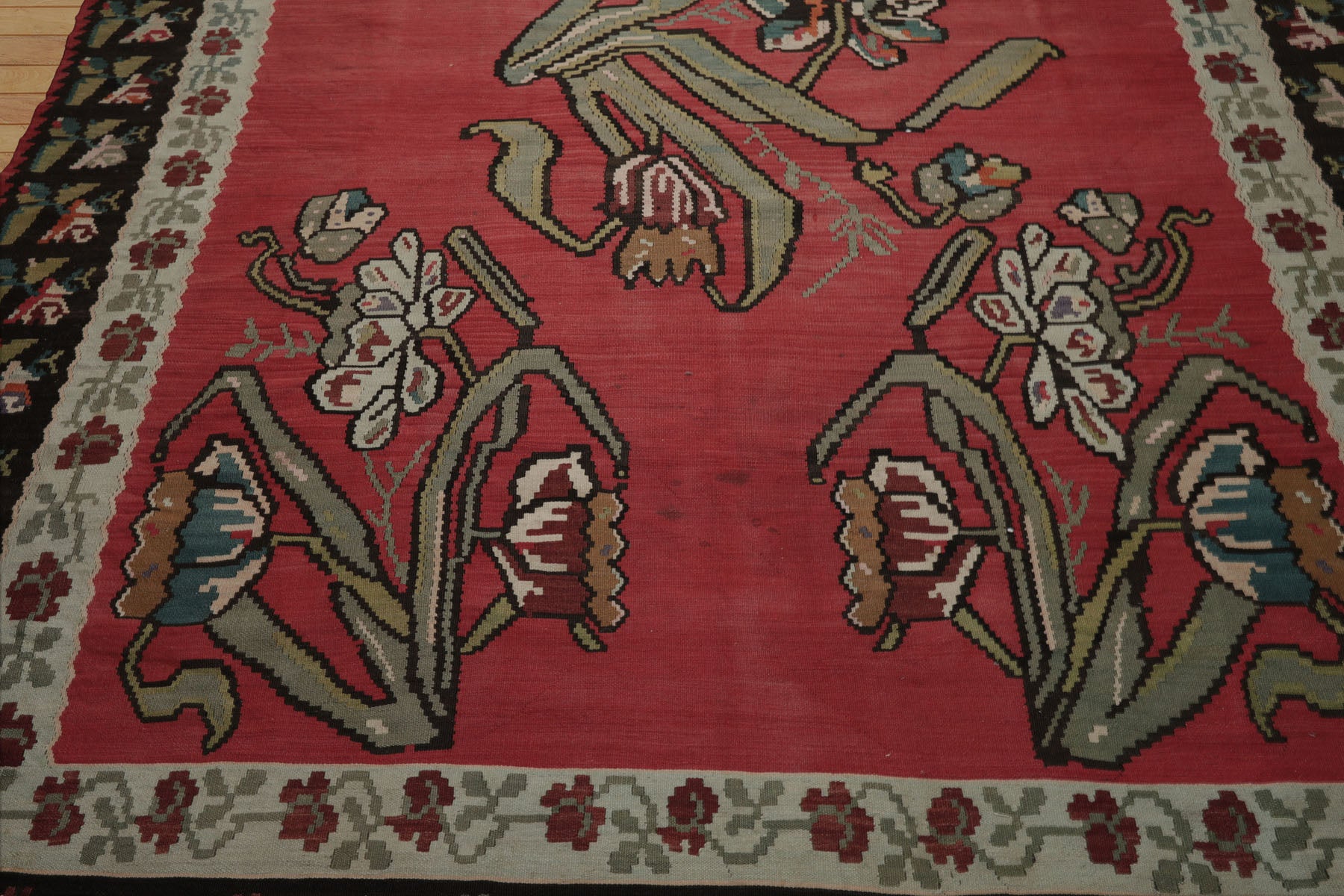 8x10 Crimson, Brown, Aqua Color Hand Woven Basberiyan Kilim Wool Transitional Oriental Rug