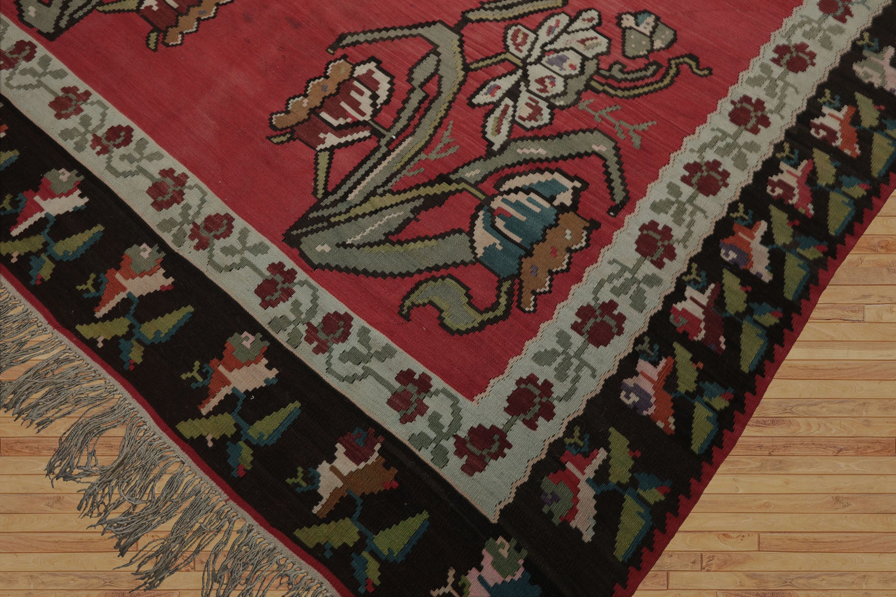 8x10 Crimson, Brown, Aqua Color Hand Woven Basberiyan Kilim Wool Transitional Oriental Rug