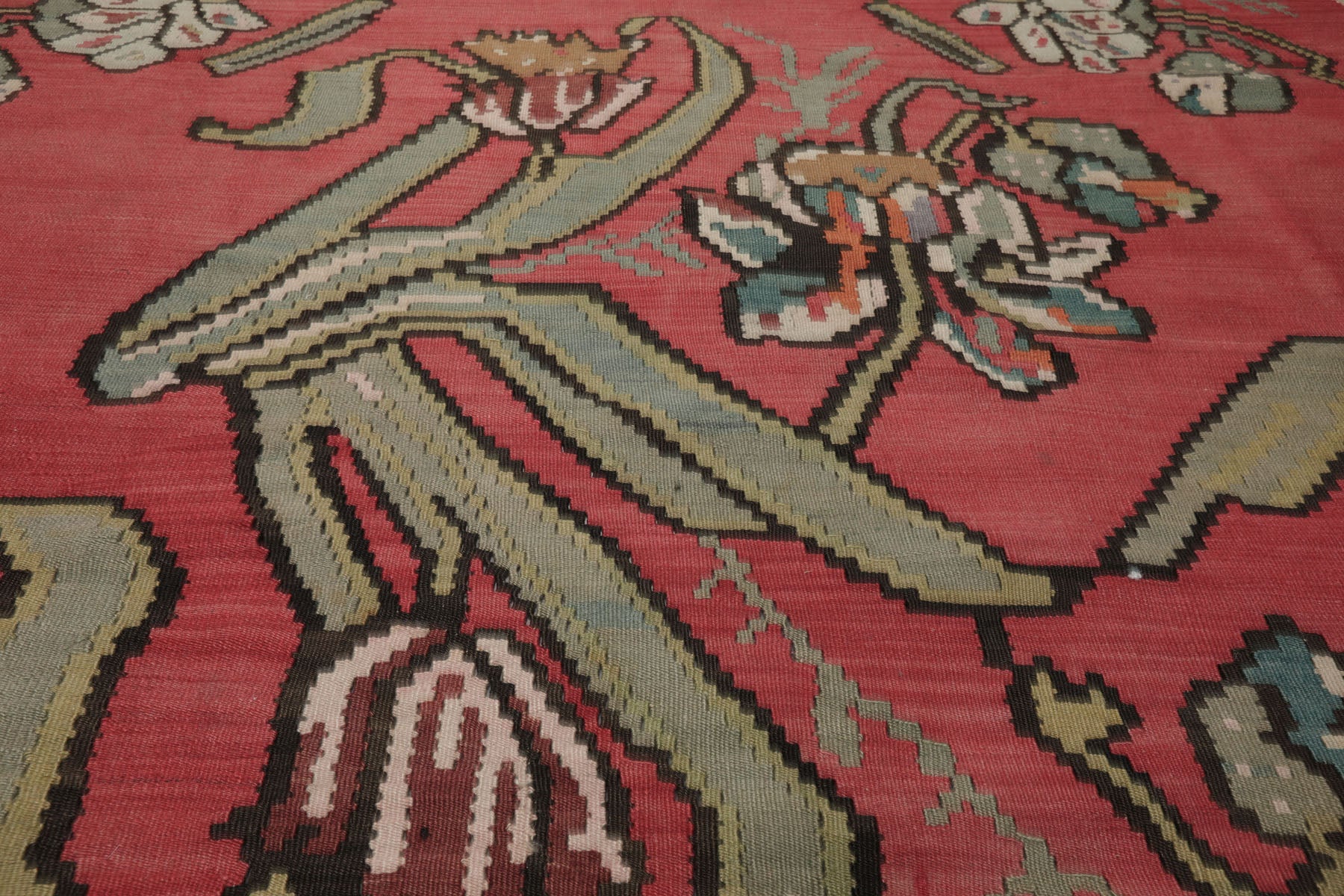 8x10 Crimson, Brown, Aqua Color Hand Woven Basberiyan Kilim Wool Transitional Oriental Rug