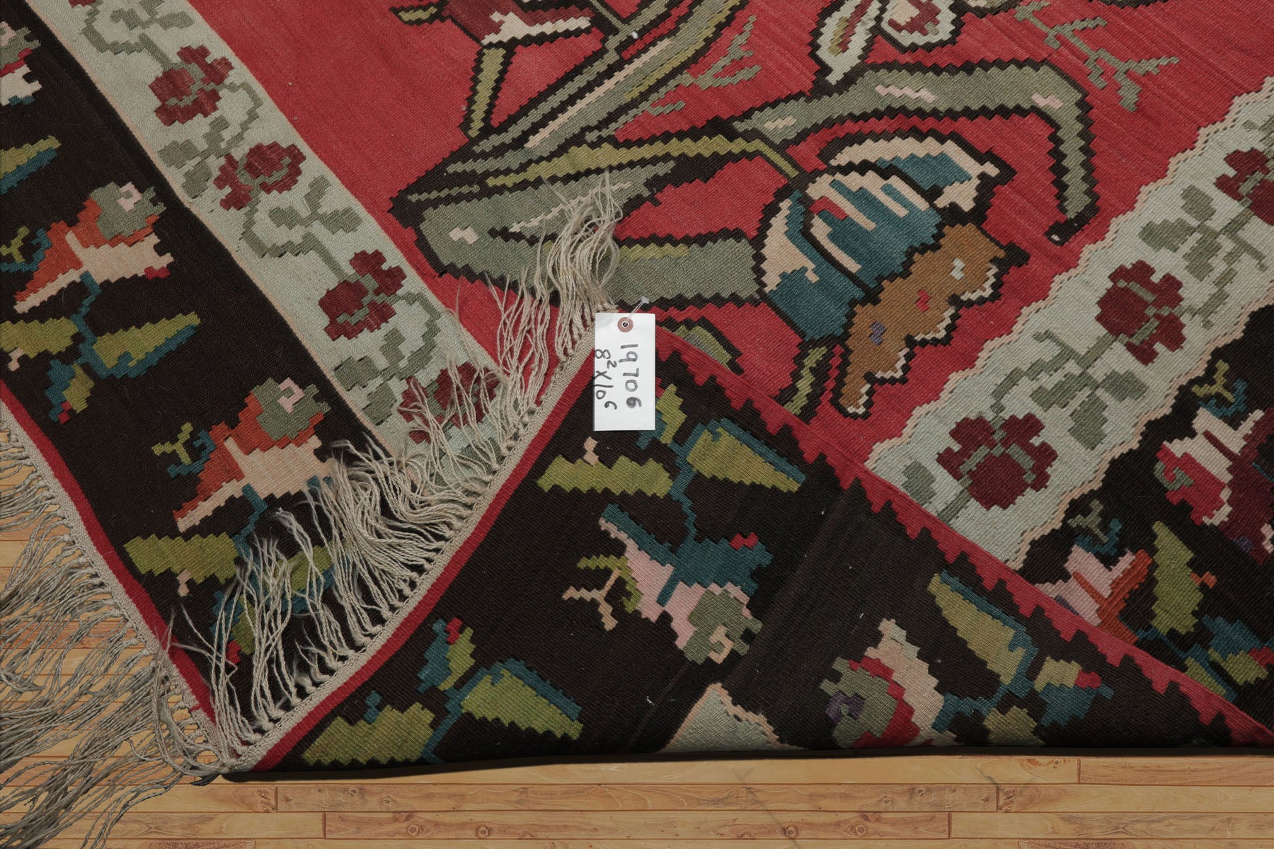 8x10 Crimson, Brown, Aqua Color Hand Woven Basberiyan Kilim Wool Transitional Oriental Rug