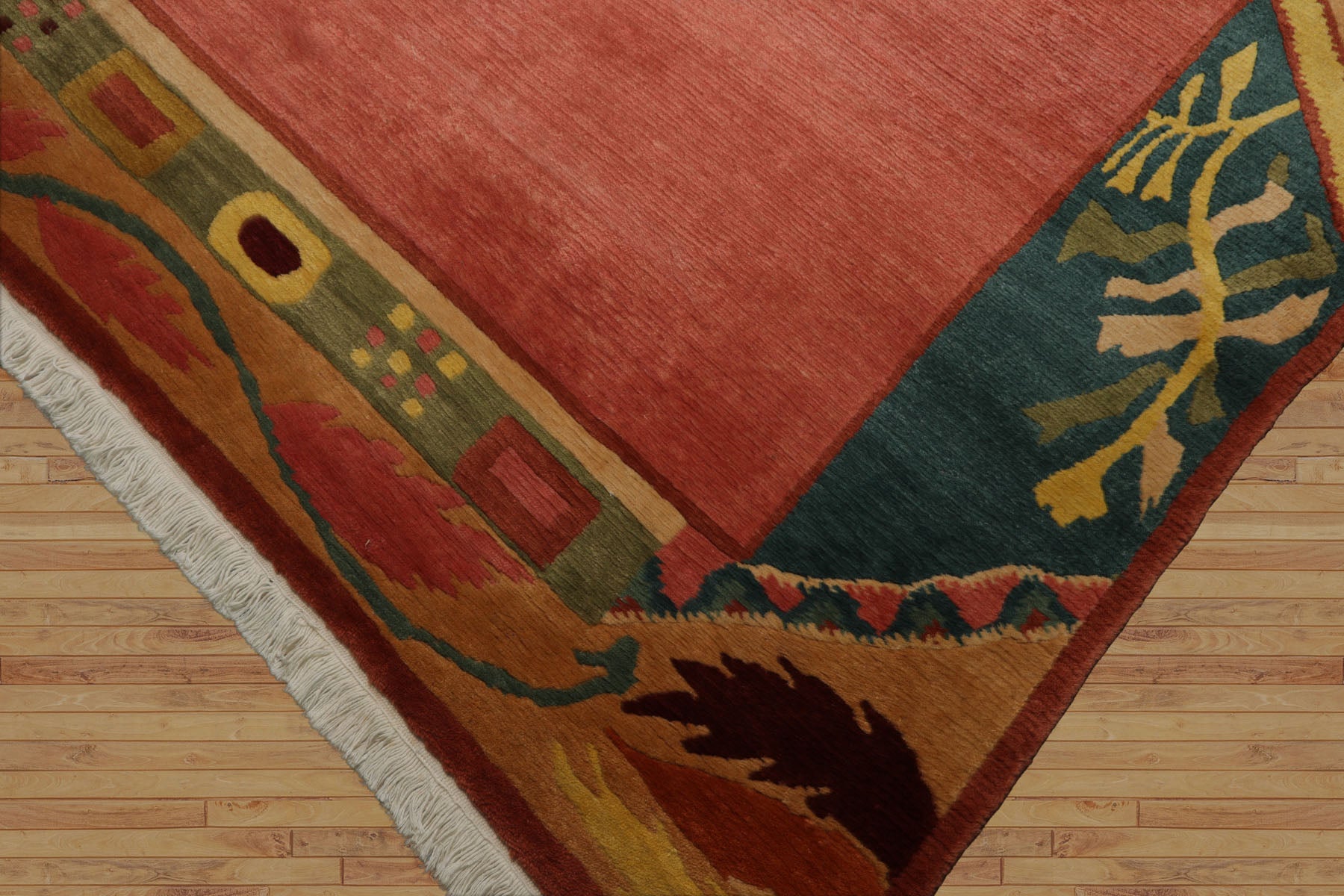 8x10 Rose, Turqoise, Gold Color Hand Knotted Tibetan Wool Art Deco Oriental Rug