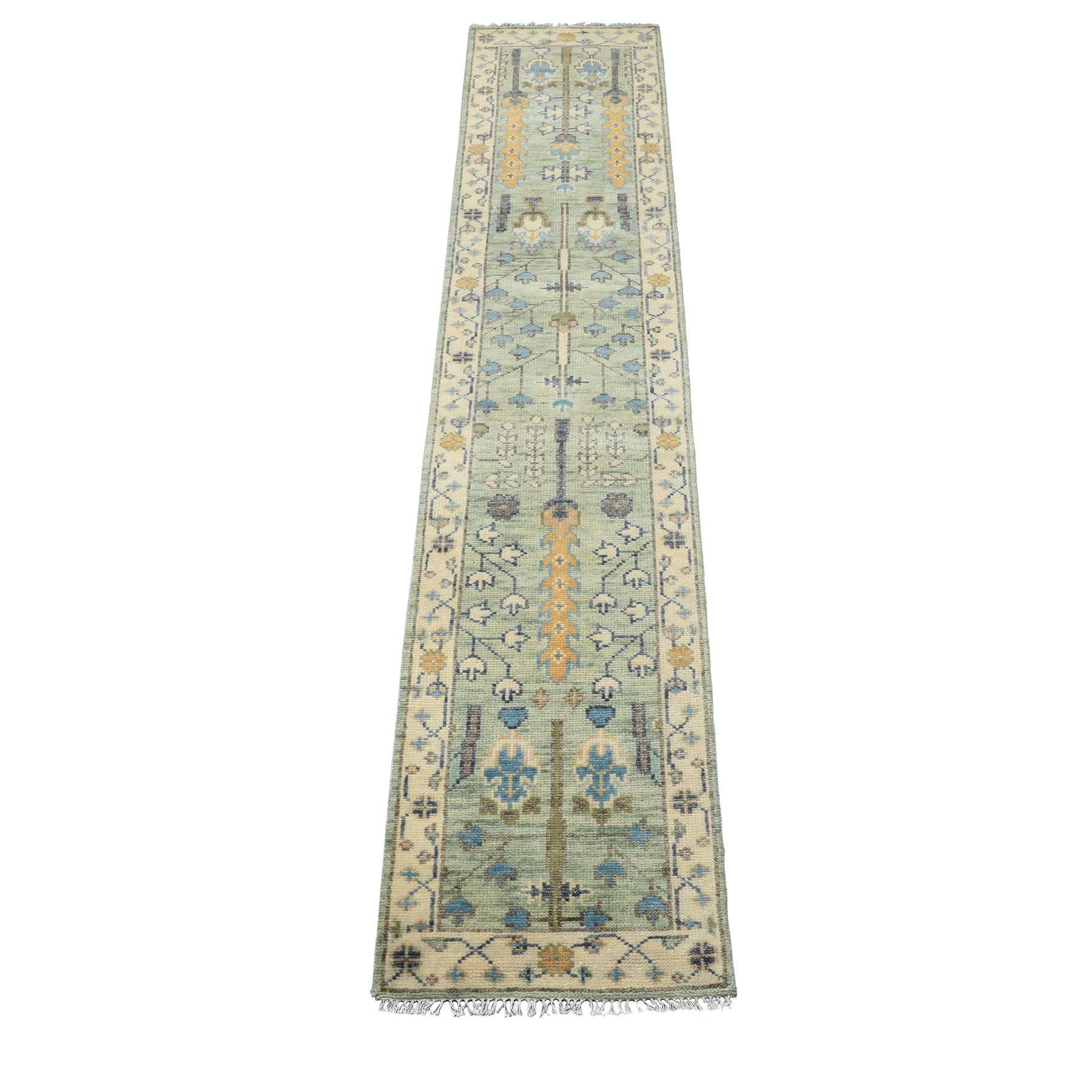 Mint, Ivory 2'5" x 12' Runner Traditional Hand Knotted Wool Oushak Oriental Area Rug